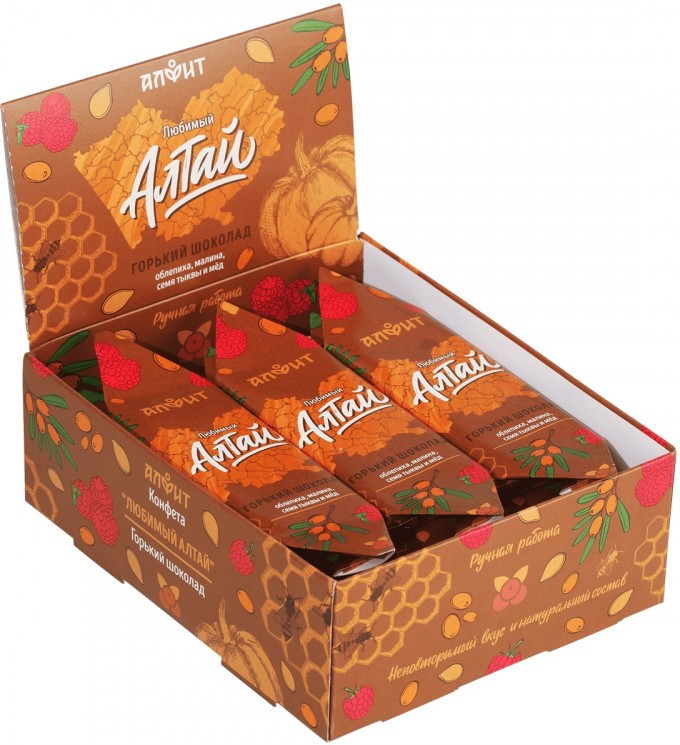 Конфета "Любимый Алтай" горький шоколад с вяленой облепихой, малиной и тыквой 32 г  
